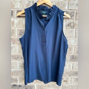 J. Crew Navy Sleeveless Ruffle-Neck Button Placket Blouse Size 12